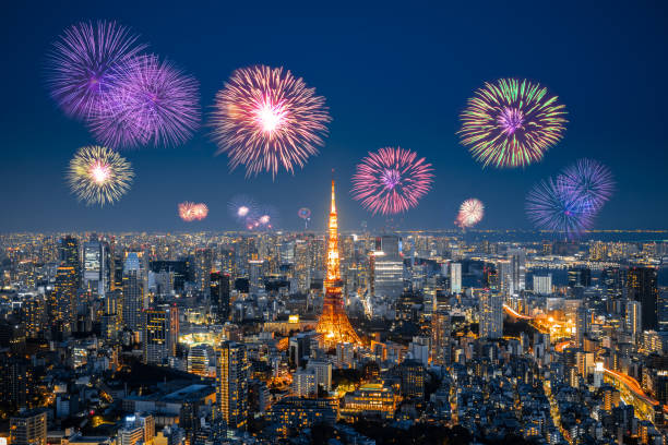 Fireworks in Tokyo skyline at night, Japan