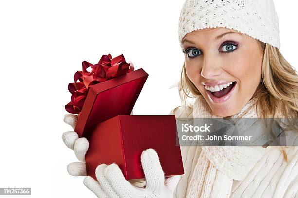 Woman Opening A Gift Stock Photo - Download Image Now - Christmas, One Woman Only, Women