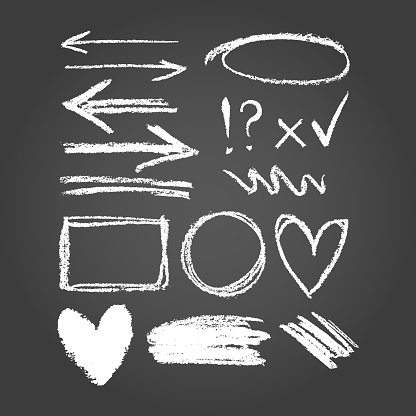 Chalk graphic elements collection - frames, arrows, rectangle, oval and round shapes. Chalk forms on black board.
