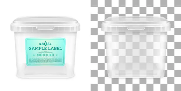 Vector illustration of Vector transparent square empty plastic bucket with label. Front view.