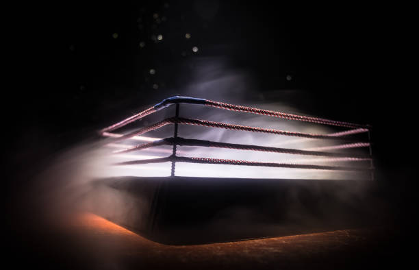istock Empty boxing ring with red ropes for match in the stadium arena. Creative artwork decoration 1142574929