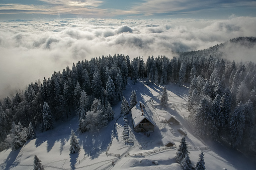A mountain hut or lodge on Blegos, Slovenia, seen from above, surrounded by snowy trees and a sea of clouds under it. A house rising above the cloud line.