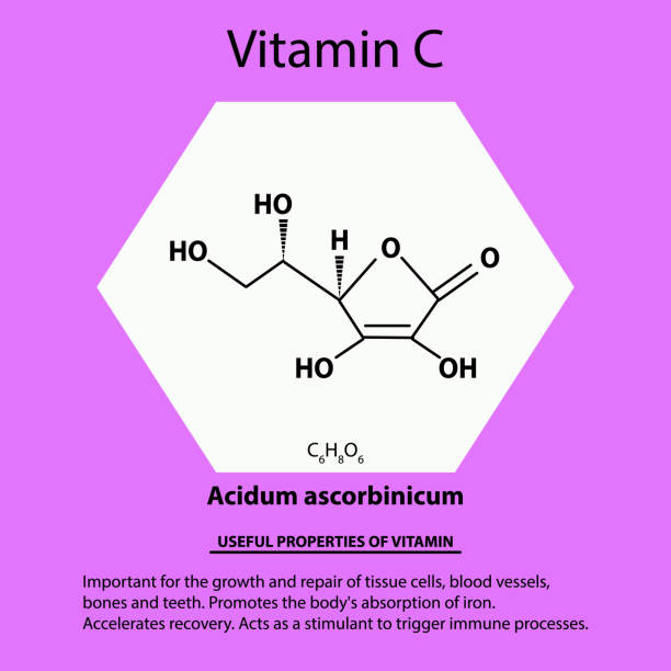 Vitamin C. Acidum ascorbinicum Molecular chemical formula. Useful properties of vitamin. Infographics. Vector illustration on isolated background. Vitamin C Acidum ascorbinicum Molecular chemical formula. Useful properties of vitamin. Infographics. Vector illustration on isolated background vitamin c chemical formula stock illustrations