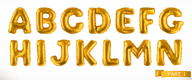 istock Alphabet part 1. Golden inflatable toy balloons. Letters A - N. 3D realistic font. Vector icon set 1142580060
