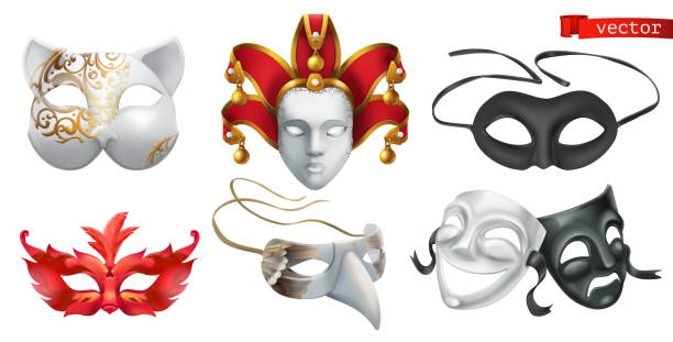 illustrations, cliparts, dessins animés et icônes de masques de carnaval. ensemble d’icônes de vecteur 3d - mask mardi gras masquerade mask vector