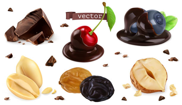 illustrazioni stock, clip art, cartoni animati e icone di tendenza di bacche, noci e cioccolato. mirtillo, ciliegia, arachidi, nocciola, uvetta, set vettoriale 3d - cherry dry fruit food