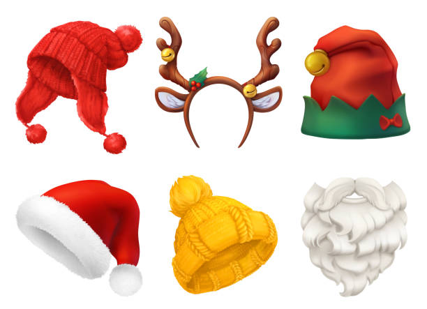 크리스마스 마스크, 산타 클로스 모자, 니트 모자. 3d 현실적인 벡터 아이콘 세트 - 가면 무도회 일러스트 stock illustrations