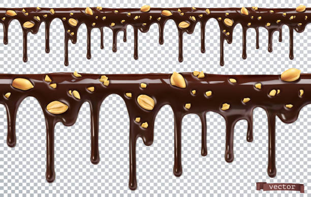 ilustraciones, imágenes clip art, dibujos animados e iconos de stock de chocolate goteando con nueces de maní. goteo fundido. 3d vector realista, patrón sin costuras - nut snack peanut backgrounds