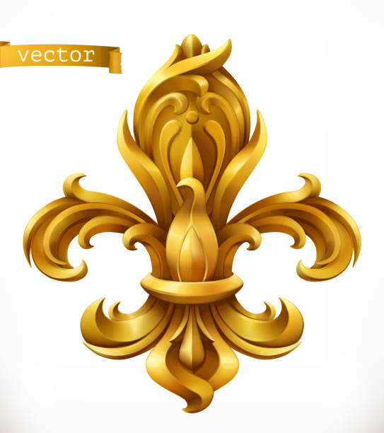 fleur-de-lis, stilisiertes lilien-gold-emblem. 3d-vektorsymbol - lily fleur de lys king flower stock-grafiken, -clipart, -cartoons und -symbole