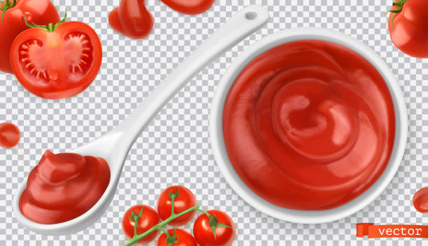 ketchup, pomidor. sos makaronowy 3d wektor realistyczny zestaw - agriculture cooking food eating stock illustrations