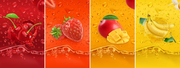 ilustrações de stock, clip art, desenhos animados e ícones de juicy and fresh fruit. cherry, strawberry, mango, banana. dew drops and splash. 3d vector realistic set. high quality 50mb eps - splashing juice liquid red