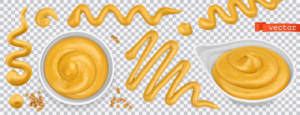 illustrations, cliparts, dessins animés et icônes de moutarde 3d vecteur réaliste ensemble - mustard bowl isolated condiment
