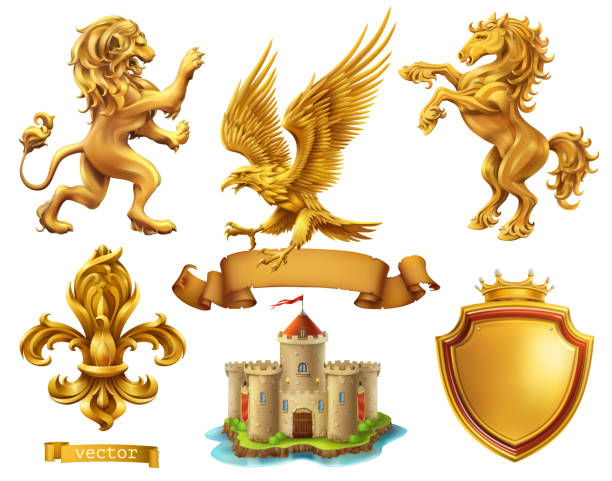 löwe, pferd, adler, lilie. goldene heraldische elemente. 3d-vektor-symbol - lily fleur de lys king flower stock-grafiken, -clipart, -cartoons und -symbole