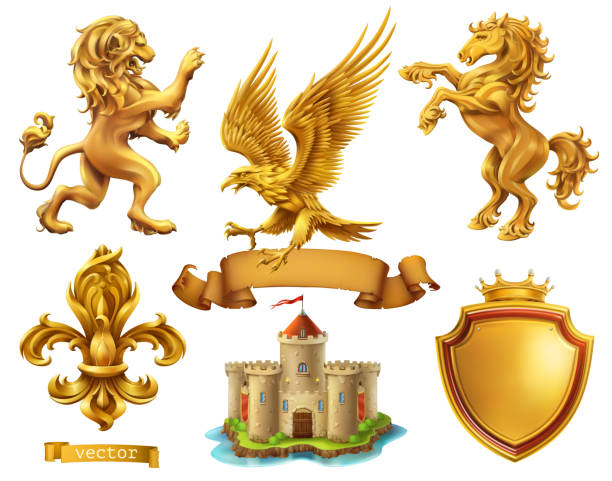 ilustrações, clipart, desenhos animados e ícones de leão, cavalo, águia, lírio. elementos heráldico dourados. jogo do ícone do vetor 3d - coat of arms insignia lion nobility