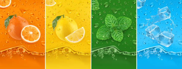 ilustraciones, imágenes clip art, dibujos animados e iconos de stock de fruta fresca y jugosa. naranja, limón, menta, agua helada. gotas de rocío y salpicaduras. 3d vector realista conjunto. alta calidad 50mb eps - splashing orange fruit water