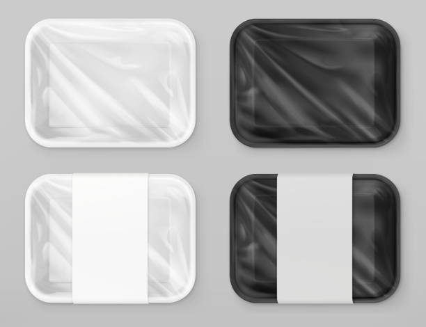 식품 폴리스 티 렌 포장, 흰색과 검은색. 3d 벡터 현실적인 이랑 - white black plastic packaging stock illustrations