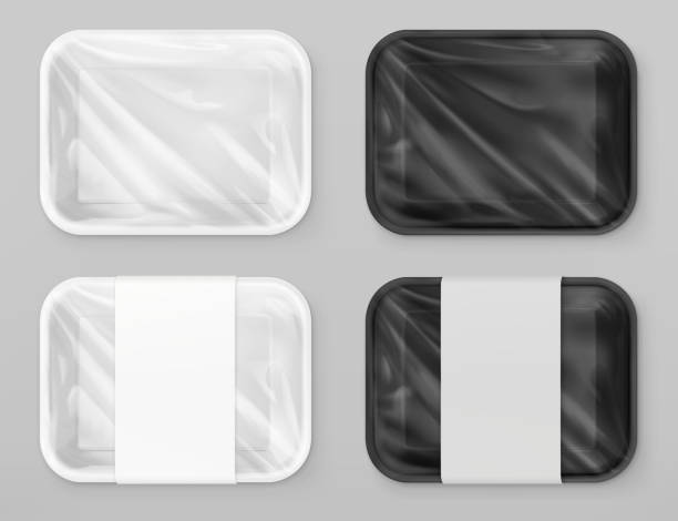 Food polystyrene packaging, White and black. 3d vector realistic mockup Food polystyrene packaging, White and black. 3d vector realistic mockup black meat tray stock illustrations