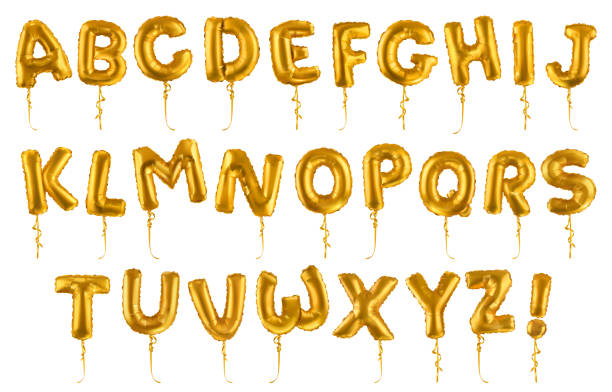 황금 팽창 식 장난감 풍선 글꼴입니다. 3d 벡터 현실적인 세트입니다. a-z의 문자 - gold alphabet text typescript stock illustrations