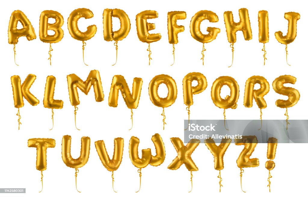 Golden inflatable toy balloons font. 3d vector realistic set. Letters from A to Z Balloon stock vector