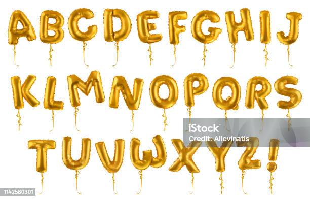 Golden Inflatable Toy Balloons Font 3d Vector Realistic Set Letters From A To Z Stock Illustration - Download Image Now