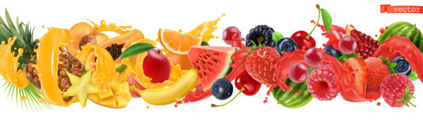 ilustraciones, imágenes clip art, dibujos animados e iconos de stock de frutas tropicales dulces y bayas mixtas. salpicadura de jugo. sandía, plátano, piña, fresa, naranja, mango, arándano, cereza, frambuesa, papaya. 3d vector realista conjunto. alta calidad 50 mb eps - fresh juice