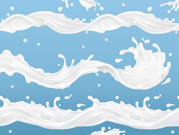 ilustraciones, imágenes clip art, dibujos animados e iconos de stock de patrón vectorial sin costuras de onda de salpicaduras de leche. conjunto de vectores realistas 3d. el diseño del paquete - milk