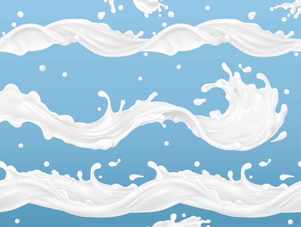 illustrations, cliparts, dessins animés et icônes de motif de vecteur sans soudure vague de lait splash. ensemble de vecteur réaliste 3d. conception de l’emballage - lait