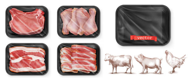 żywność mięsna. wołowina, wieprzowina, nogi z kurczaka. czarne opakowanie polistyrenowe. realistyczny zestaw wektorów 3d. wysokiej jakości eps 50mb - steak meat raw beef stock illustrations