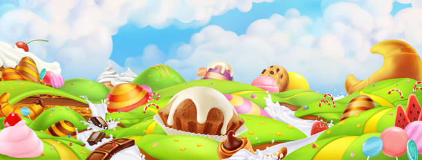 Sweet candy land. Panorama landscape, vector background Sweet candy land. Panorama landscape, vector background easter cake stock illustrations