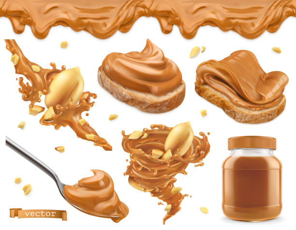 ilustraciones, imágenes clip art, dibujos animados e iconos de stock de mantequilla de maní. 3d vector realista conjunto de iconos - peanut butter