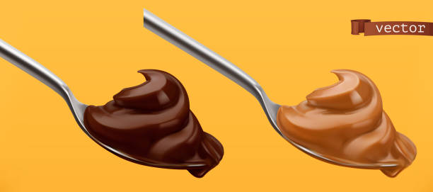 ложка с шоколадом и карамелью. 3d вектор реалистичный значок - ложка stock illustrations
