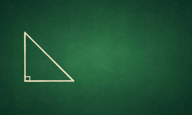 A horizontal vector illustration of a right angled triangle over a green board A right angled triangle with the base, altitude, or perpendicular and hypotenuse over a grungy textured color gradient green board. The geometric figure is hand drawn in yellow creme, cream, off white colored chalks. The right angle sign is marked at the vertex. The lines of the sides are very neatly drawn. The drawing is to the left in the frame and copyspace to the right. No people. The blackboard has dark corners and sides while the middle or center is in grey or gray or grayish tone. No people. trigonometry stock illustrations