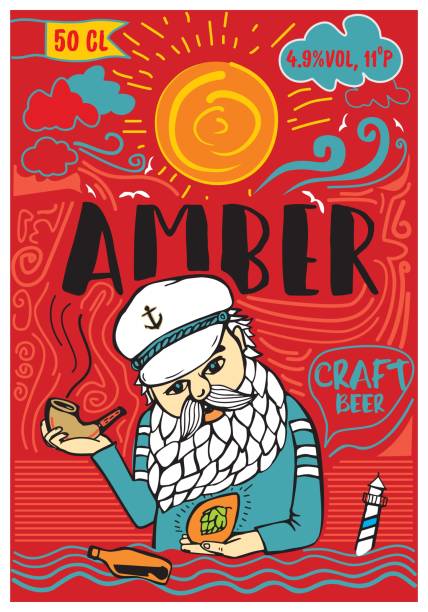 ilustrações de stock, clip art, desenhos animados e ícones de vintage craft beer label whit sea element. amber beer. - amber beer