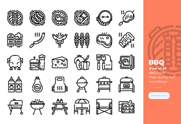 ilustraciones, imágenes clip art, dibujos animados e iconos de stock de iconos de línea moderna conjunto de barbacoa party. 48x48 pixel icono perfecto. trazo editable. - symbol food salad icon set