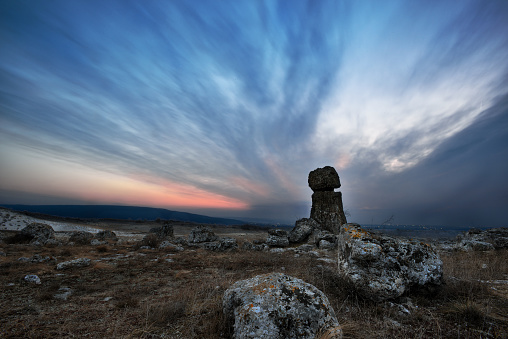 Rock phenomenon Pobiti Kamani (Stone forest). Rock formation near Slanchevo village, near Varna town. Bulgaria, Balkans, Europe.