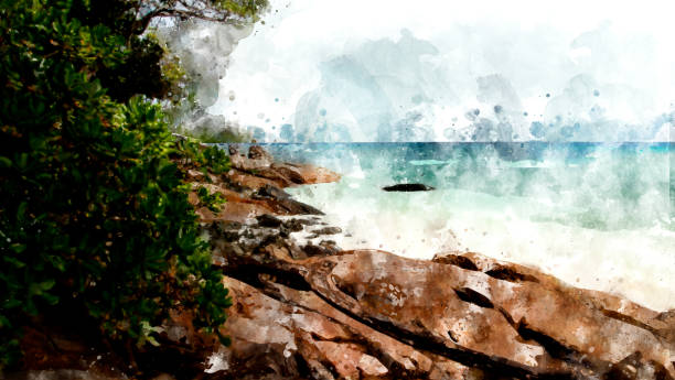 cyfrowe malowanie plaży morskiej za pomocą szczotkowanej tekstury, tekstury ilustracji dla tła - fotografika obrazy zdjęcia i obrazy z banku zdjęć