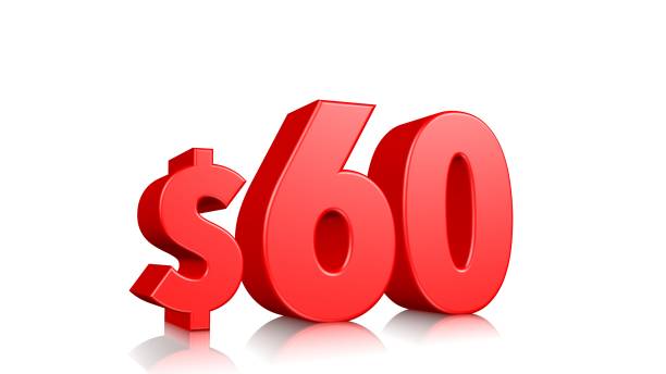 istock 60$ sixty price symbol. red text 3d  render with dollar sign on white background 1142583201