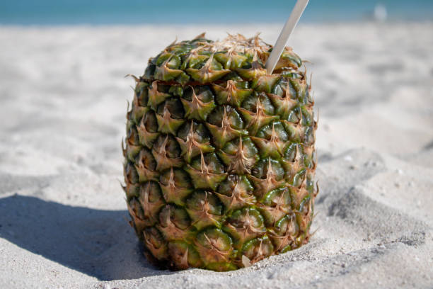 이 이국적인 섬에서 아름 답 고 맑은 화창한 날에 열 대 해변에서 파인애플 칵테일. - beach sand drink drink umbrella 뉴스 사진 이미지