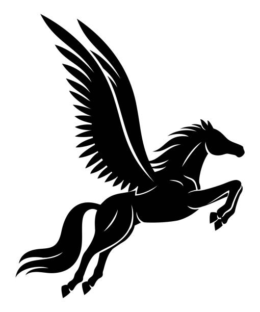 ilustraciones, imágenes clip art, dibujos animados e iconos de stock de hermosa señal de pegaso negro. - pegasus horse symbol mythology