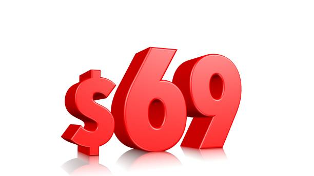 istock 69$ sixty-nine price symbol. red text 3d  render with dollar sign on white background 1142585037