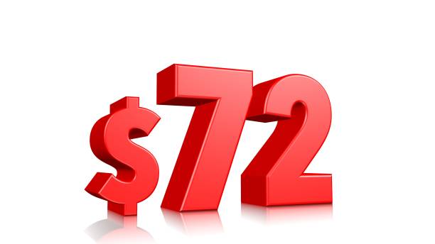 istock 72$ seventy two price symbol. red text 3d  render with dollar sign on white background 1142586601