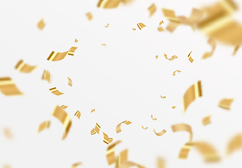 Falling shiny golden confetti isolated on white background. Bright festive tinsel of gold color.