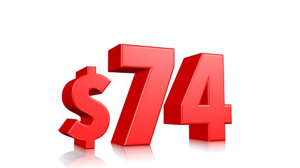 istock 74$ seventy FOUR price symbol. red text 3d  render with dollar sign on white background 1142586761