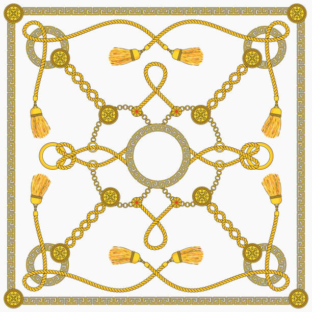Chain patten square scarf design. Fashion accessory Chain patten design for square fashion women scarf. Gold chains with ornaments and medallions, decorative cords with silk tassels, straps and buckles on a white background. Flat Outline Illustration locket stock illustrations