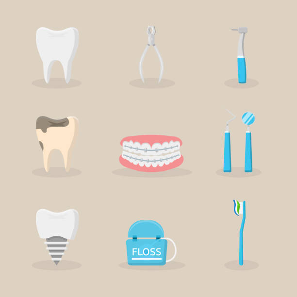 illustrations, cliparts, dessins animés et icônes de articles de dentisterie flat vector illustrations set - dentist mirror orthodontist carver