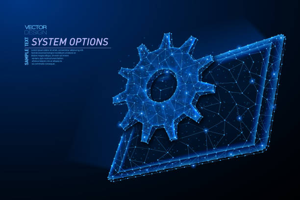 illustrations, cliparts, dessins animés et icônes de abstrait conception de la lumière polygonale de la tablette avec engrenage dentée. - repairing computer work tool conformity