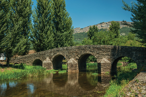 Old Roman stone bridge still in use over the Sever River, among leafy trees and undergrowth in a sunny day at Portagem. A district of Marvão at the bottom of a lush wooded valley in eastern Portugal.