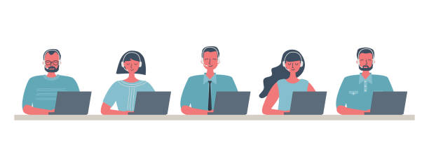 ilustrações de stock, clip art, desenhos animados e ícones de web banner of call center workers. people icons - customer service representative white background support customer