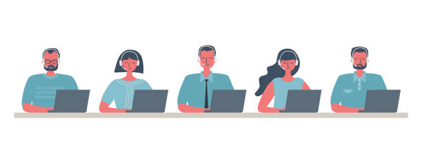 Web banner of call center workers. People icons Web banner of call center workers. Young men and women in headphones sitting at the table on a white background. People icons. Funky flat style. Vector illustration. hands free device illustrations stock illustrations