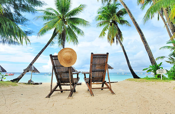 istock Beautiful beach with palm trees 114258966